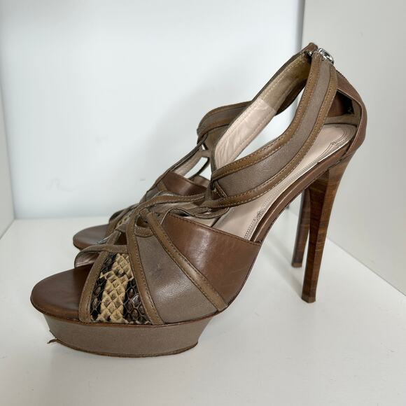 ELIE TAHARI High Heels Womens Size 37.5 Neutral Leather Snakeskin Baddie MobWife - Picture 3 of 10